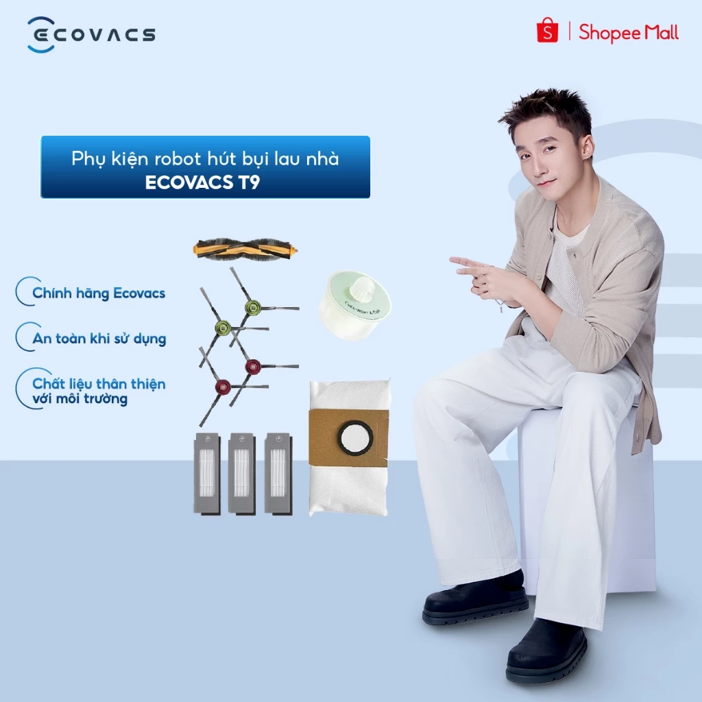 Phụ kiện robot hút bụi lau nhà Ecovacs T9 | Bộ phụ kiện Ecovacs T9 | Chổi cạnh T9 | Túi đựng bụi - Chính Hãng