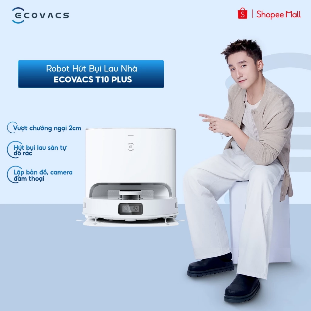 Ecovacs T10 Plus Robot Hút Bụi Lau Nhà | Lực hút 3000Pa | Tránh vật cản | BH 12T tặng phụ kiện + Nước lau sàn