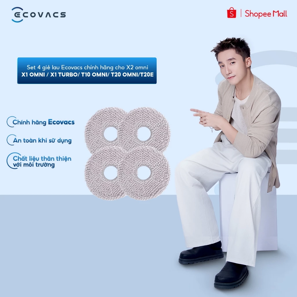 Set 4 giẻ lau Ecovacs chính hãng cho X2 OMNI/ X1 OMNI / X1 TURBO/ T10 OMNI/ T20 OMNI/T20e (2 cặp giẻ)