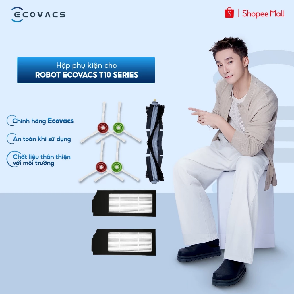 Hộp phụ kiện cho Robot ECOVACS T10 series (2 cặp chổi cạnh, 3 bộ lọc, 1 chổi chính ) - Chính hãng