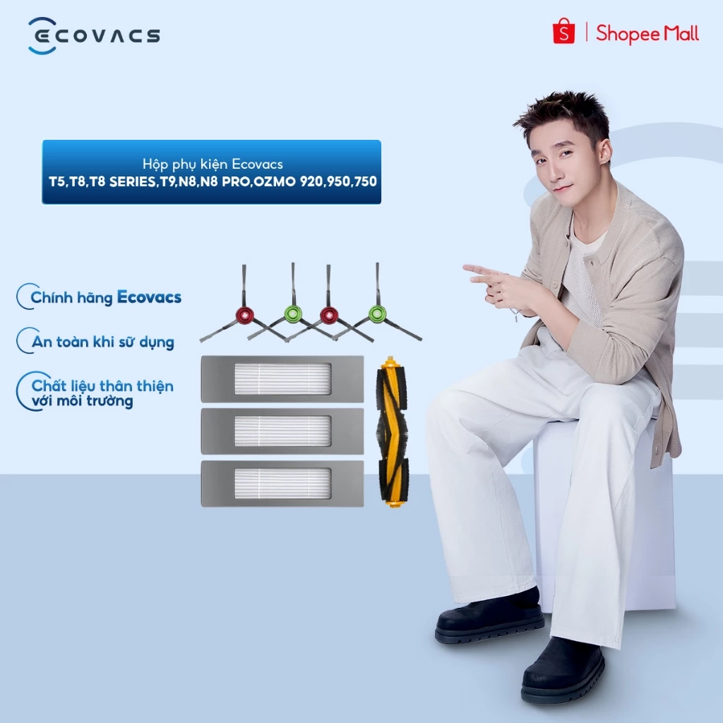 Hộp phụ kiện Ecovacs T5, T8, T8 series, T9, N8, N8 Pro, OZMO 920, 950, 750,(4 chổi cạnh, 3 bộ lọc, 1 chổi chính)