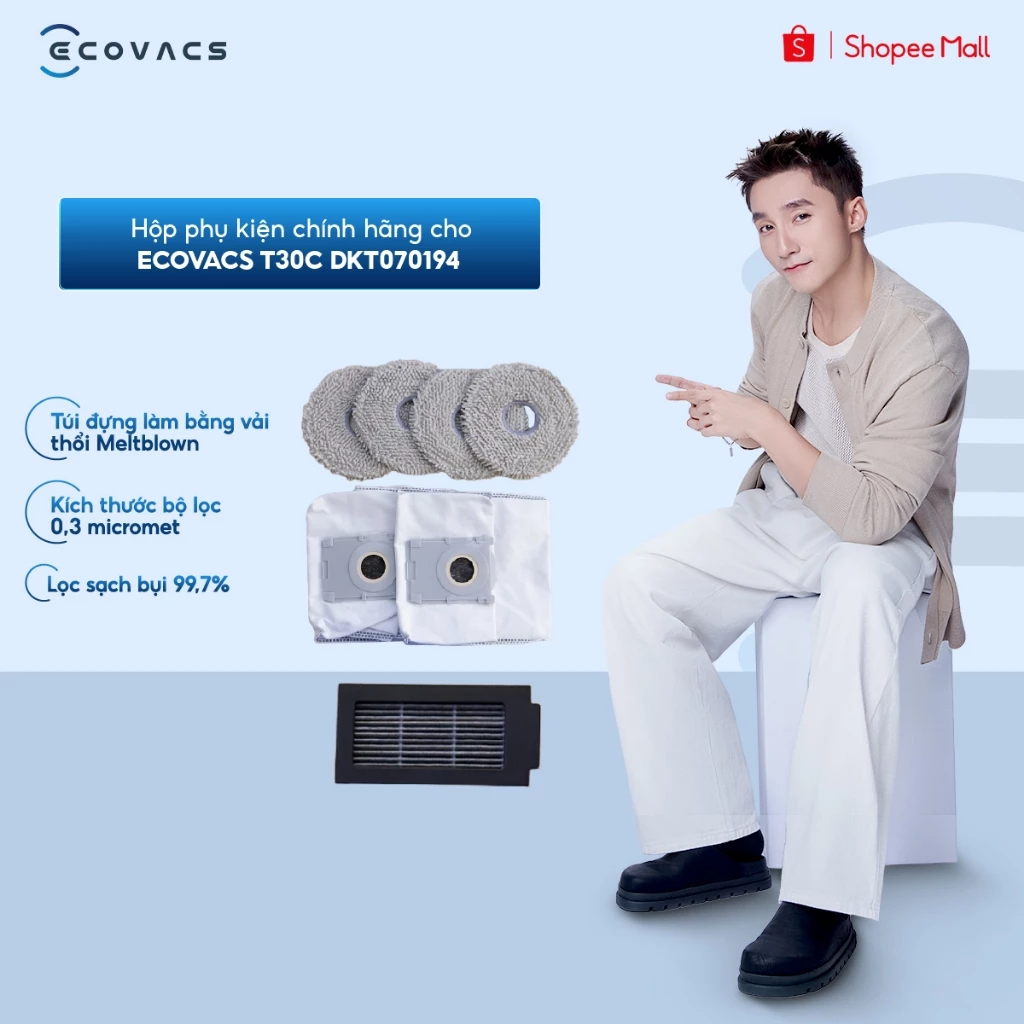 Hộp phụ kiện chính hãng cho Ecovacs T30C/ T30C Gen 2 DKT070194 | Bộ lọc | Túi rác | Giẻ lau