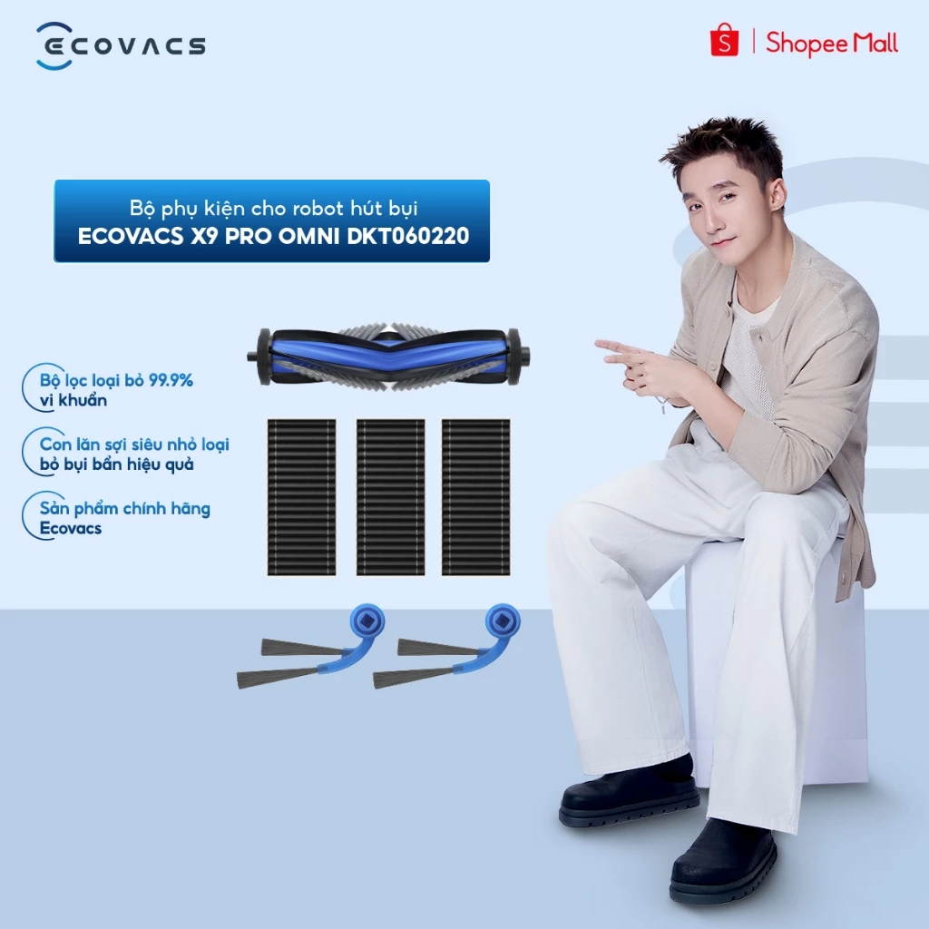 Bộ phụ kiện cho robot hút bụi Ecovacs X9 PRO OMNI DKT060220 | Chổi chính | Cặp chổi cạnh | Set 3 bộ lọc