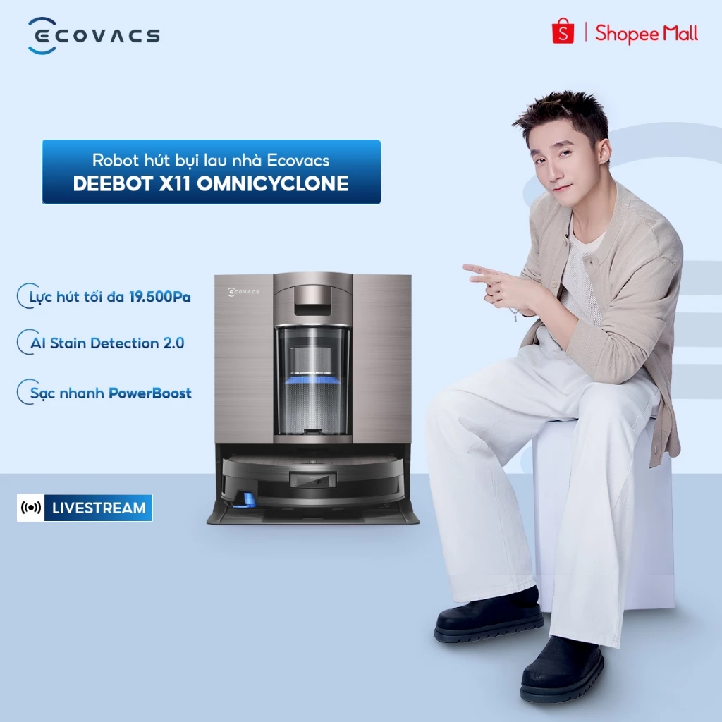 Ecovacs DEEBOT X11 OmniCyclone Robot hút bụi lau nhà | Lực hút tối đa 19.500Pa | AI Stain Detection 2.0