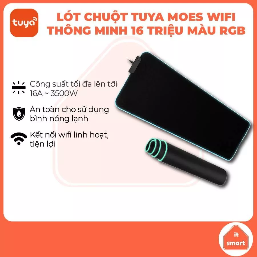 Lót chuột thông minh Tuya Moes wifi 16 triệu màu, điều khiển từ xa, hẹn giờ, tự động bật tắt