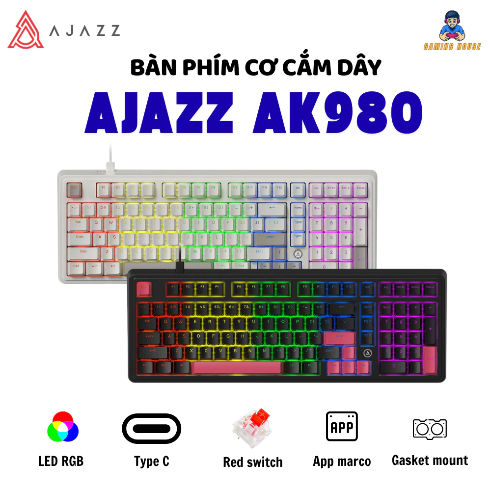 Bàn phím cơ cắm dây Ajazz AK980 - Type C - Led RGB- Gasket Structure - Hot swap - App marco