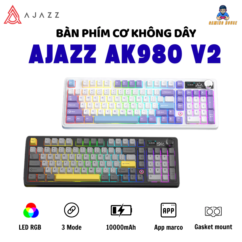 Bàn phím cơ Ajazz AK980 Pro V2 - 3 Mode kết nối - Led RGB- Gasket Mount - Pin 10000Mah - App Marco - Hot swap