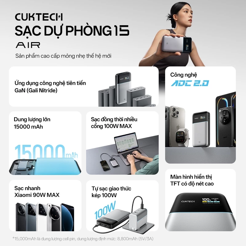 Sạc Dự Phòng CUKTECH 100W 15000mAh GaN - Sạc Siêu Nhanh Cho Laptop & iPhone