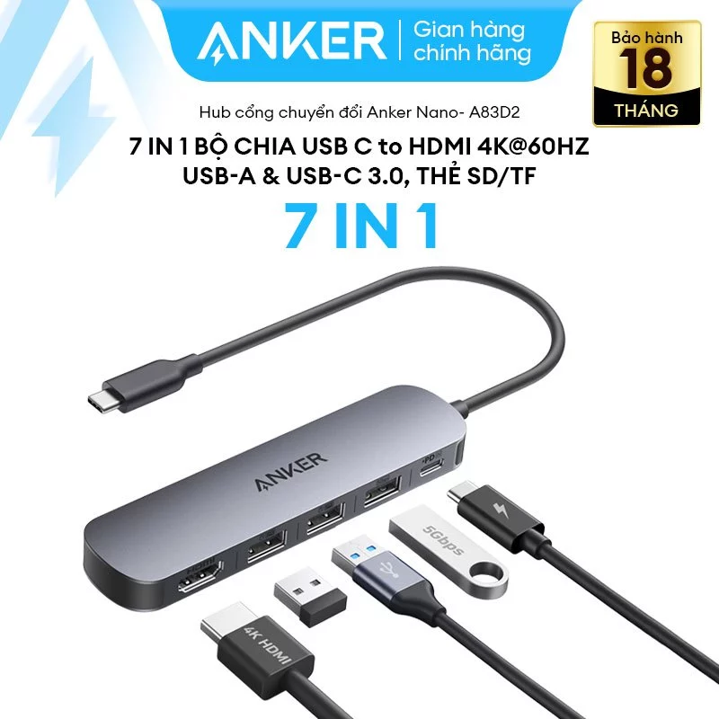 Hub chuyển đổi đa năng Anker, 7 in 1 Bộ chia USB C sang HDMI 4K@60Hz, USB-A & USB-C 3.0, Thẻ SD/TF- A83D2