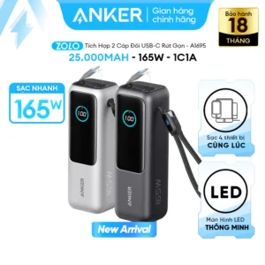 Sạc dự phòng ANKER Zolo 25kmAh | Công suất 165W | Tích hợp 2 cáp USB-C rút gọn | Có màn hình - A1695