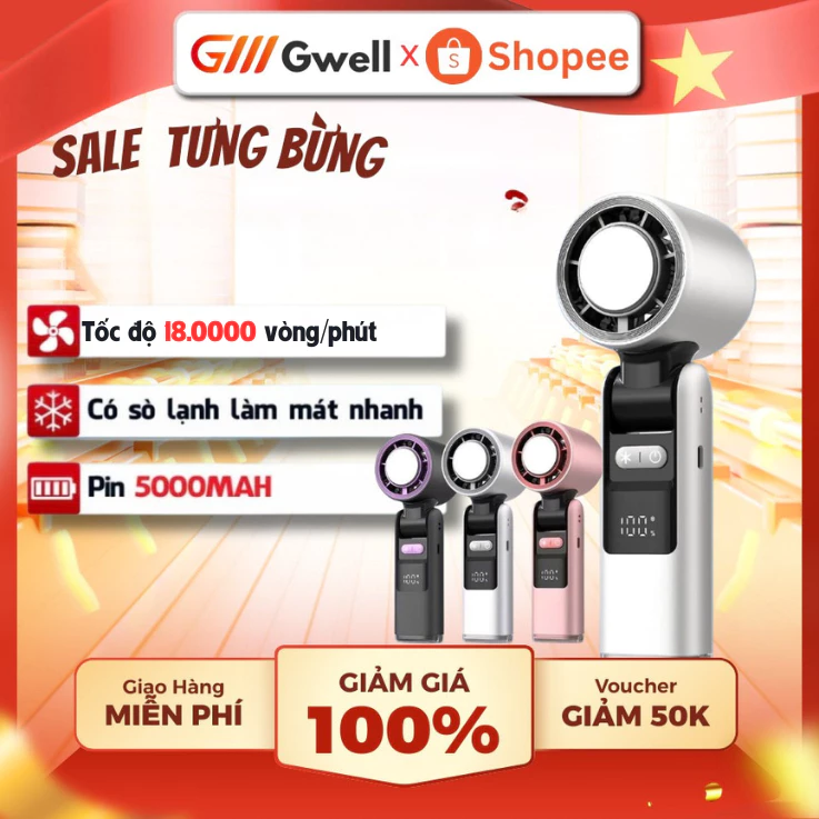 Quạt Mini Turbo Sò Lạnh 5000mAh - Gập 180 Độ, Kèm Đèn Pin Siêu Mạnh