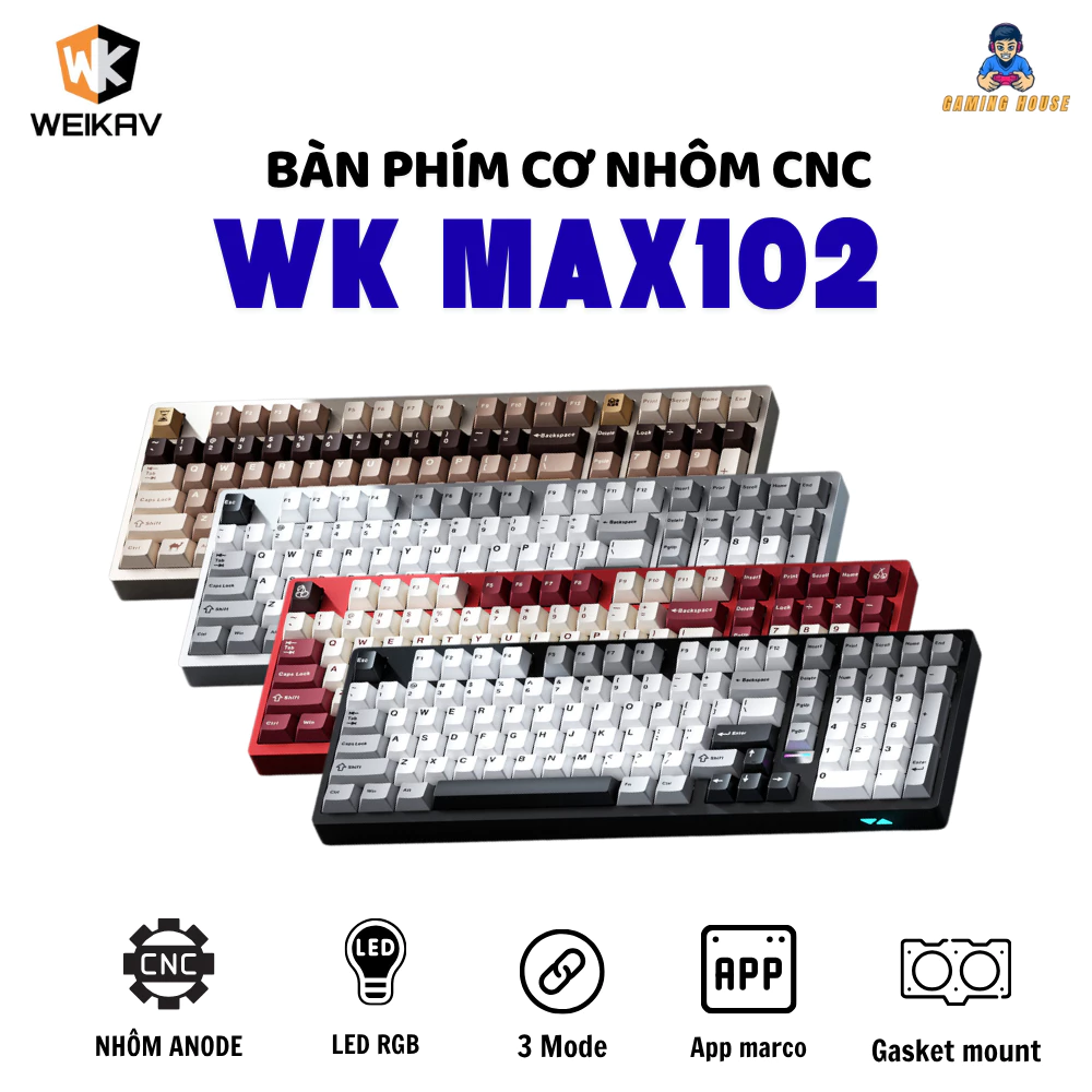 Bàn phím cơ không dây nhôm fullsize Weikav WK Max102 - 3 mode kết nối - Led RGB - Pin 10000 mAh -App marco - Gasketmount