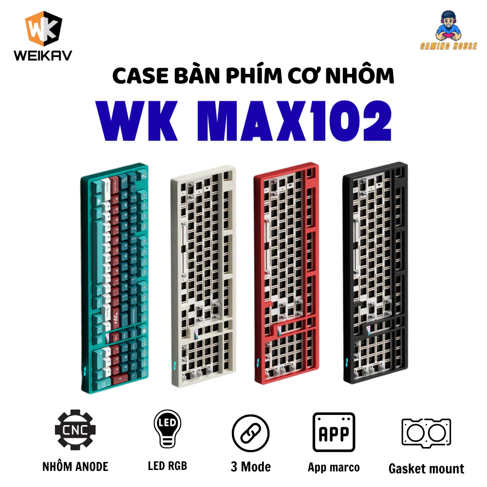 Case bàn phím cơ không dây nhôm fullsize Weikav WK Max102 - 3 mode kết nối - Led RGB - Pin 10000 mAh - App marco