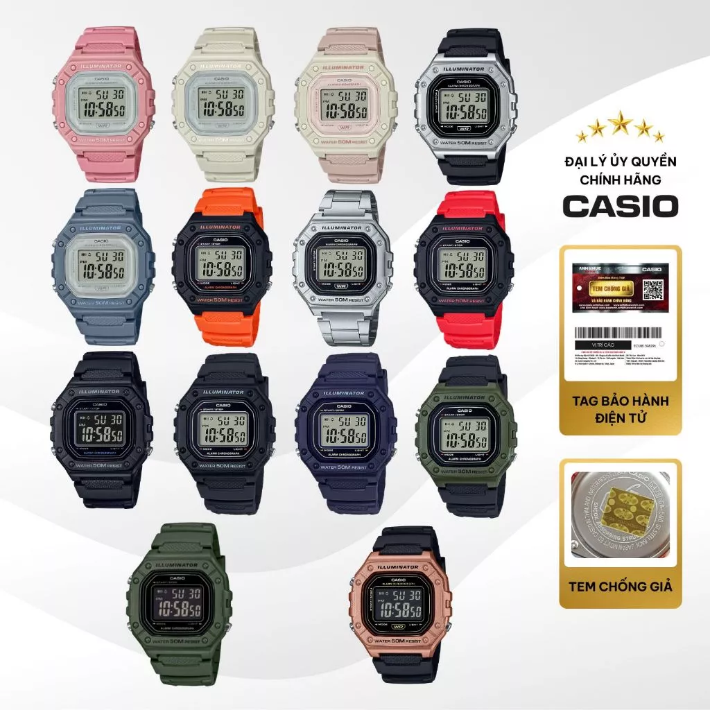 Đồng Hồ Điện Tử Unisex Series W-218 Trẻ Trung Năng Động Mặt Kính Nhựa Vuông 43.2mm Chống Nước Chính Hãng Casio