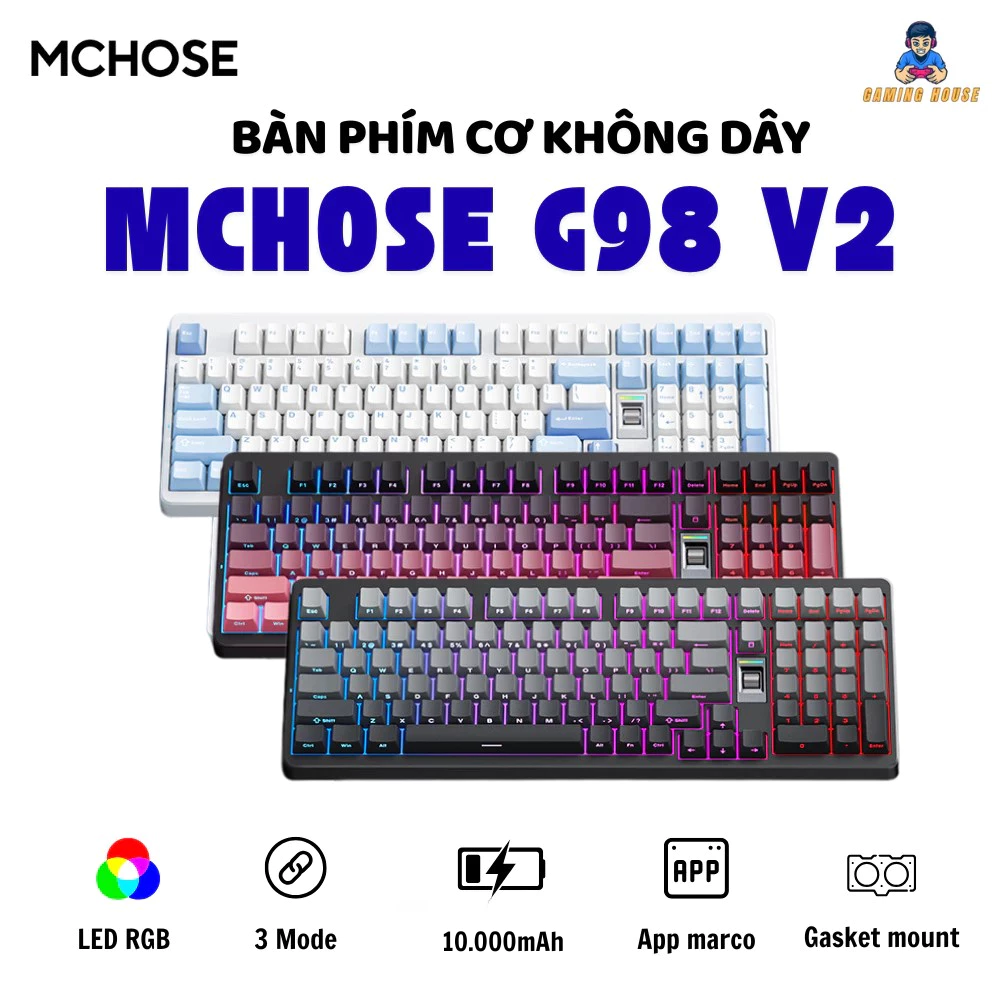 Bàn phím cơ không dây Fullsize Mchose G98 V2 - 3 mode kết nối - Hotswap 5 pin - Pin 10000mAh - App marco - Led RGB