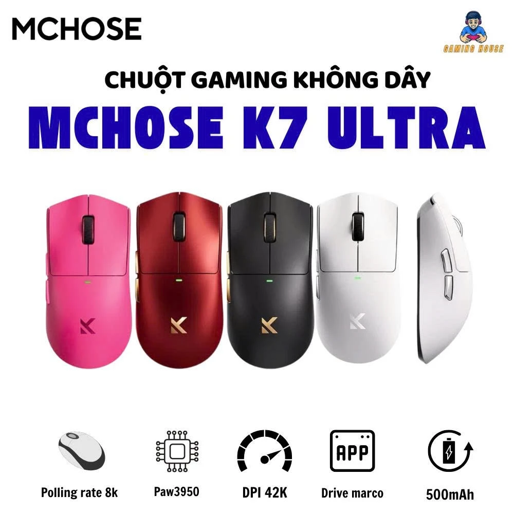 Chuột không dây MCHOSE K7 Ultra và K7 Utral S - 3 mode - Paw3950 - DPD 42000 - Polling rate 8k - 750 IPS - APP