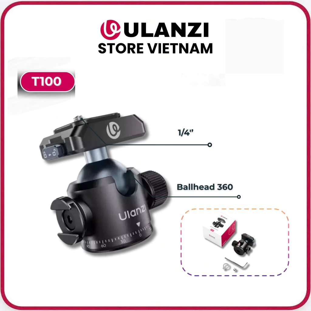 Ulanzi T100 – Đầu Ballhead UKA Tháo Lắp Nhanh Cho Chân Máy, Xoay 360°, Tải Trọng 6Kg, Hợp Kim Nhôm