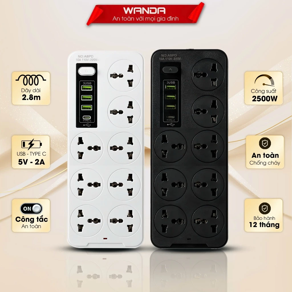 Ổ Cắm Điện WANDA 2500W Chịu Tải Cao - 8 Ổ Cắm & 6 Cổng Sạc USB PD