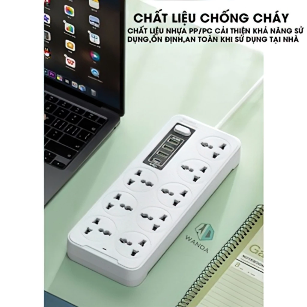 Ổ Cắm Điện WANDA 2500W Chịu Tải Cao - 8 Ổ Cắm & 6 Cổng Sạc USB PD - Image 3
