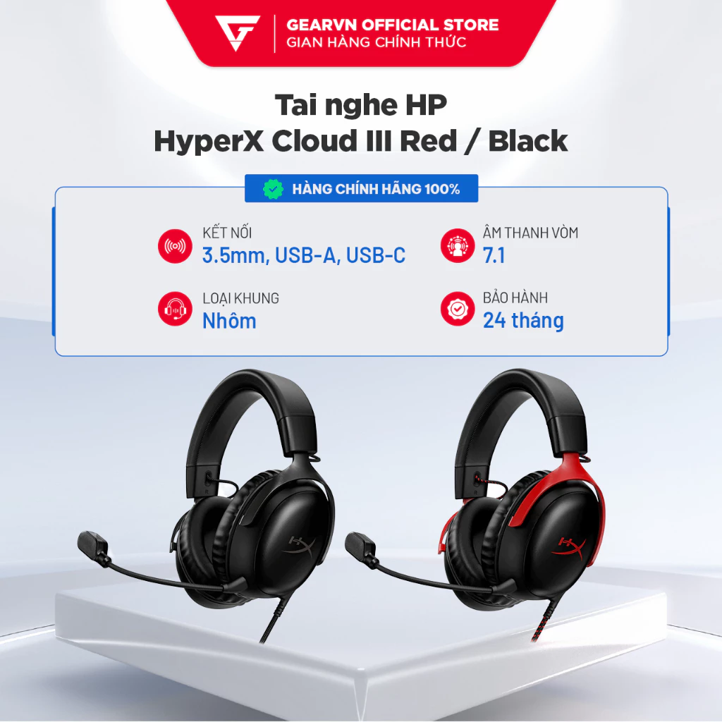 Tai nghe HP HyperX Cloud III Red (Bảo hành 24 tháng/ Âm thanh 7.1/ Kết nối USB, 3.5)