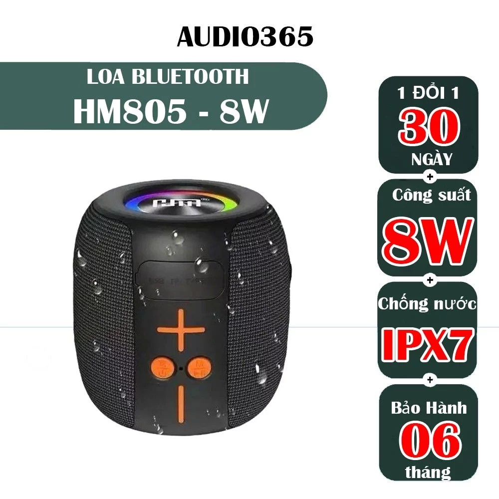 Loa bluetooth không dây HM805 công suất 8W, chống nước, bass siêu trầm cực hay, có led, cổng USB, thẻ nhớ - AUDIO365