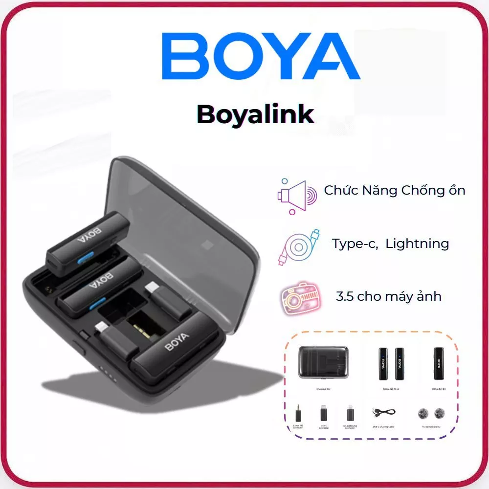 BOYA BOYALINK - Mic Thu Âm Không Dây 2.4GHz Kênh Đôi - Cổng Lightning, Type-C, 3.5mm TRS