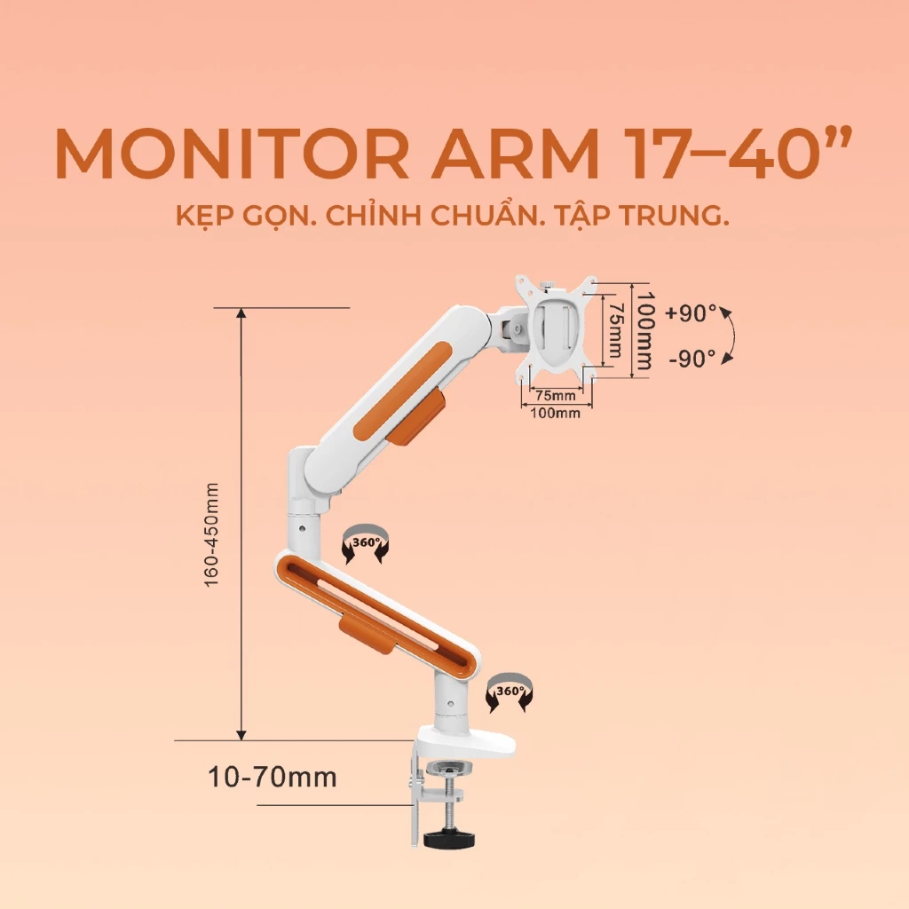 Giá Treo Màn Hình Gas Spring 17-40 Inch (Trắng/Cam) - Tải Trọng 12kg - Image 2