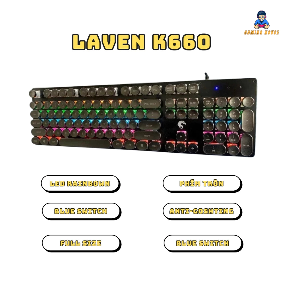 Bàn phím cơ Leaven K660 Blue Switch Chống nước Có LED Phong Cách Cổ Điển