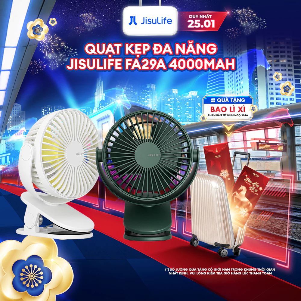 Quạt Kẹp Đa Năng Jisulife FA29A Cao Cấp Mát 360 Độ | Pin 4000mAh Sạc Nhanh Sử Dụng Đến 12h | Chính Hãng - BH 12 Tháng