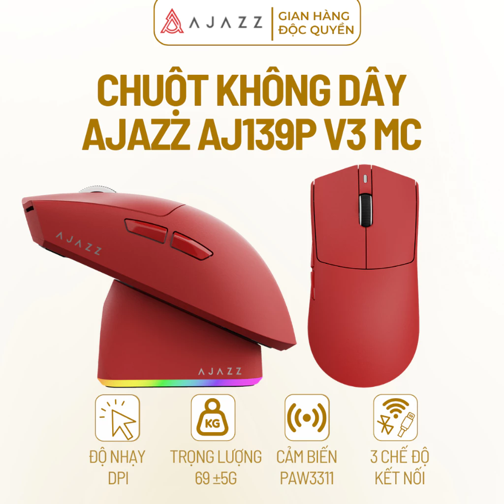 Chuột Gaming AJAZZ AJ139P V3 MC: 3 Mode, Cảm Biến PAW3311, Kèm Dock Sạc