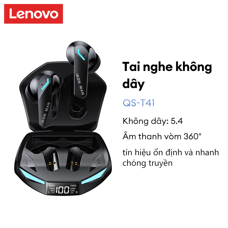 Tai nghe không dây Lenovo QS-T41 Tai nghe Bluetooth Cảm ứng thông minh Chơi game Âm nhạc Chế độ kép có Mic Bluetooth 5.4