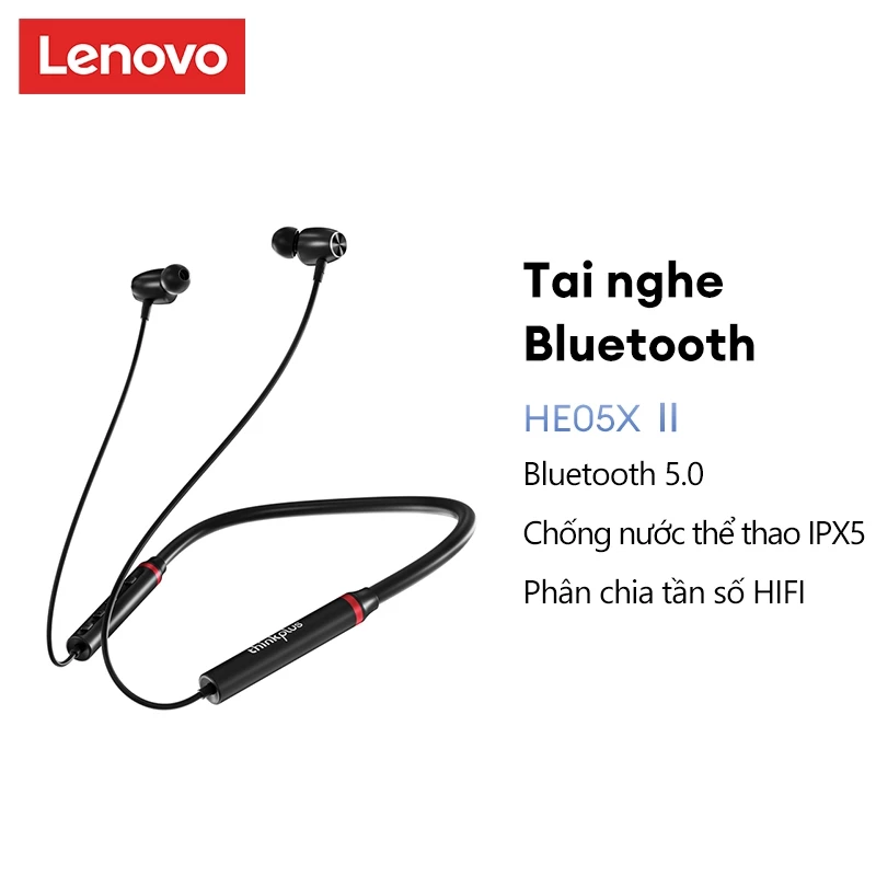 Tai nghe LENOVO HE05X II đeo cổ bluetooth 5.0 giảm tiếng ồn âm thanh chất lượng hifi chống nước IPX5 có mi cờ rô