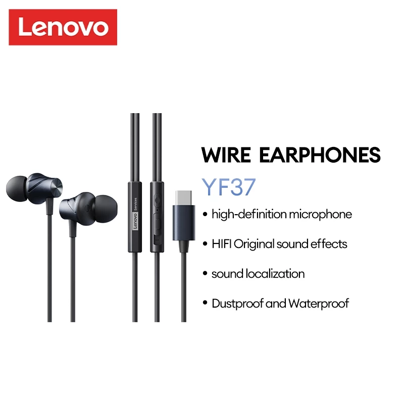 Tai nghe có dây Lenovo YF37 Hiệu ứng âm thanh cấp HIFI Độ trễ thấp Giảm tiếng ồn khi chơi game Micro độ phân giải cao Âm thanh vòm Chống bụi và chống nước