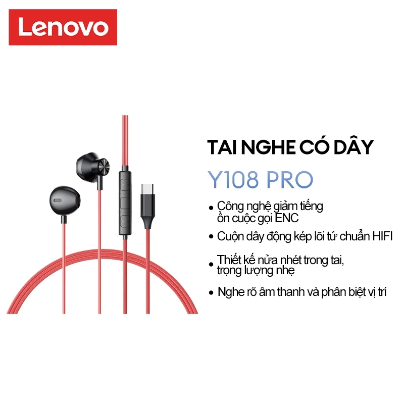 Tai nghe chơi game có dây Lenovo Y108 và Y108 Pro có micrô ENC Giảm tiếng ồn cuộc gọi thích ứng Hiệu ứng âm thanh Mức độ HIFI Thiết kế nhẹ nửa tai