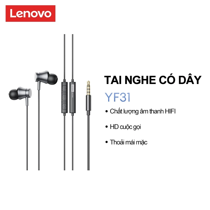 Tai nghe có dây Lenovo YF31 Chất lượng âm thanh HIFI Giảm tiếng ồn âm thanh với micrô độ phân giải cao Âm thanh vòm