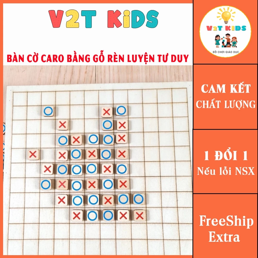 Bộ Cờ Caro Gỗ Phát Triển Tư Duy Cho Bé Loại In Màu Có Hộp Đựng 100 Quân Cờ