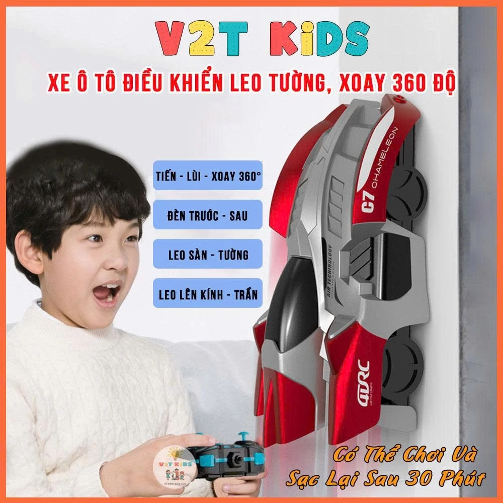 Xe Ô Tô Leo Tường, Xe Điều Khiển Từ Xa Leo Tường V2T KIDS - Xoay 360 Pin Sạc Modul